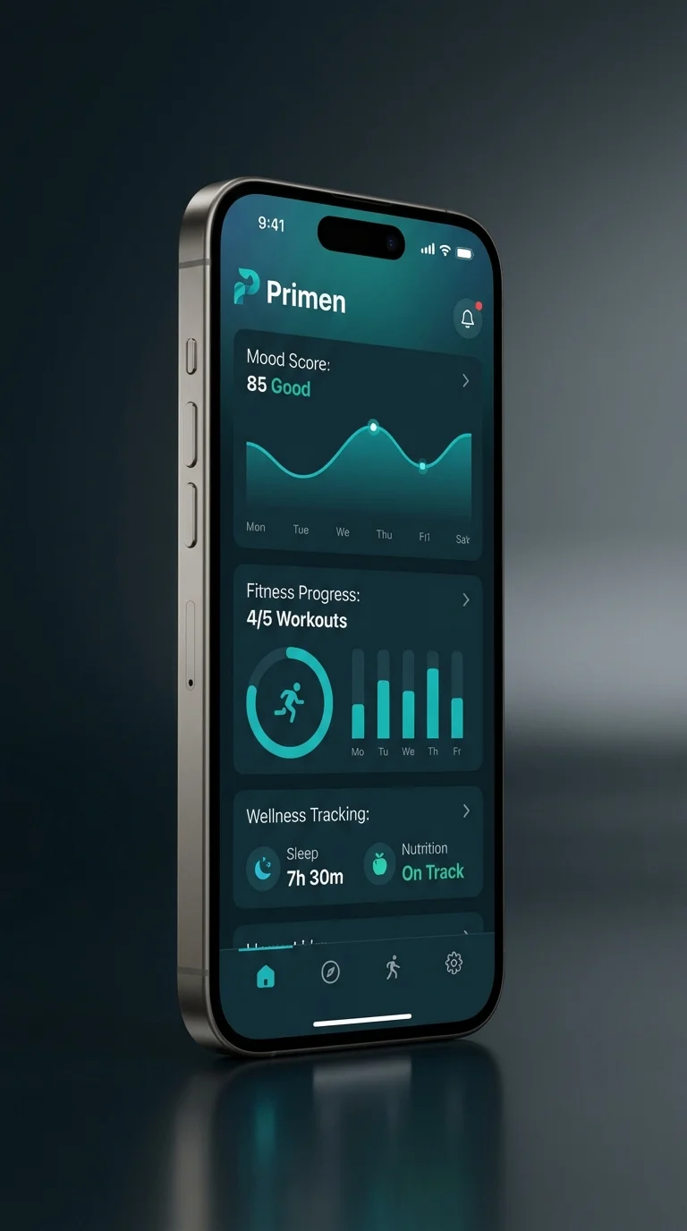 Primen platform showing health dashboard with mood tracking, fitness metrics, and wellness scores